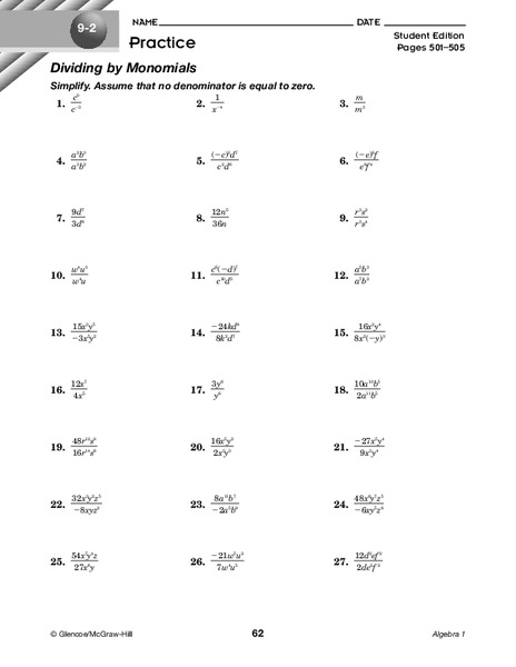 Dividing by Monomials Worksheet