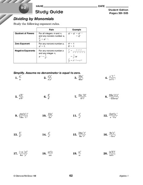 Dividing by Monomials Worksheet