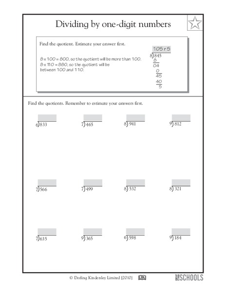 Dividing by One-Digit Numbers Worksheet