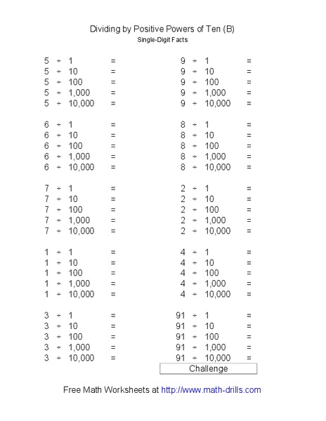 Dividing by Positive Powers of Ten (B): Single-Digit Facts Worksheet