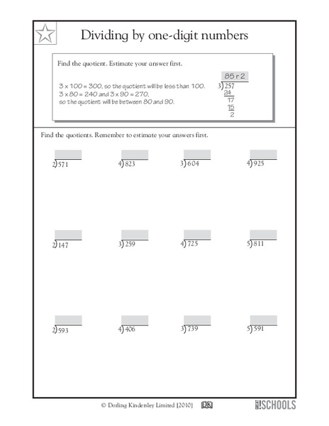 Dividing by One-Digit Numbers Worksheet