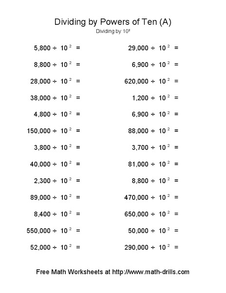 Dividing by Powers of Ten (A) Worksheet