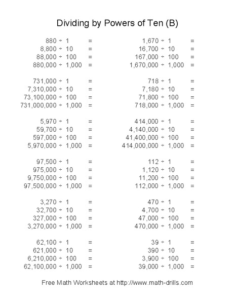 Dividing by Powers of Ten (B) Worksheet