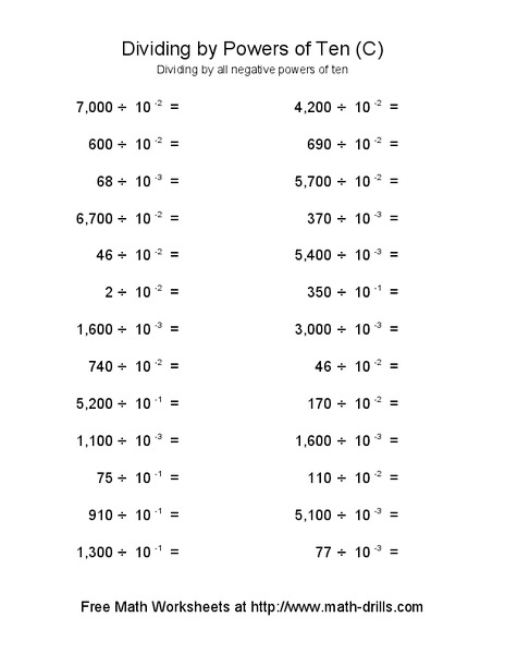 Dividing by Powers of Ten (C) Worksheet