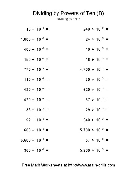 Dividing by Powers of Ten (B) Worksheet