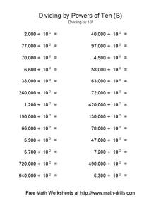 Dividing by Powers of Ten (B) Worksheet
