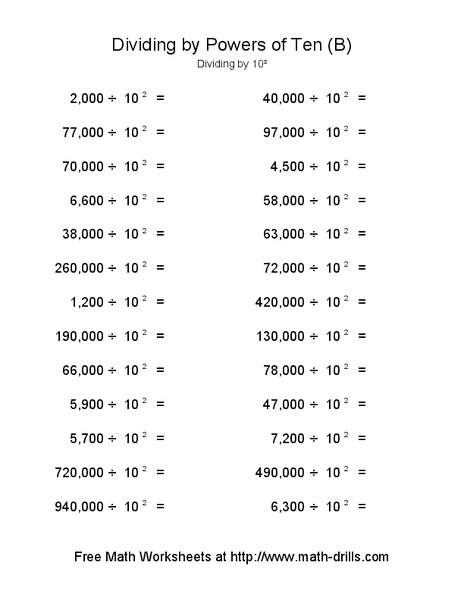 Dividing by Powers of Ten (B) Worksheet