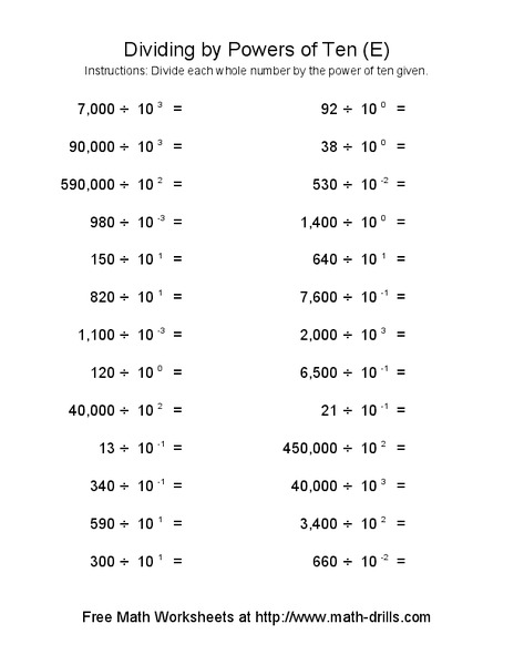 Dividing by Powers of Ten (E) Worksheet