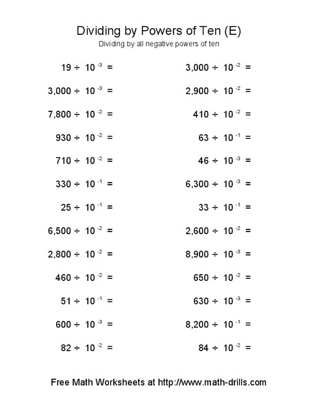 Dividing by Powers of Ten (E) Worksheet