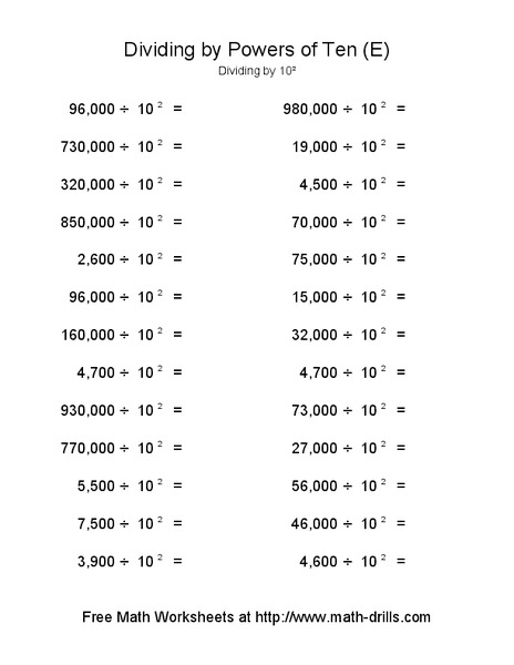 Dividing by Powers of Ten (E) Worksheet