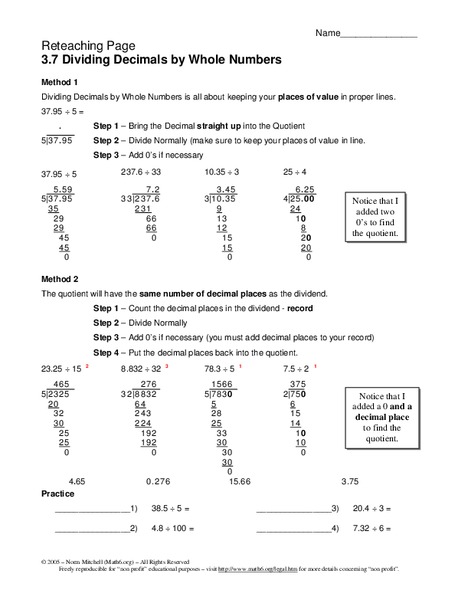Dividing Decimals by Whole Numbers Worksheet