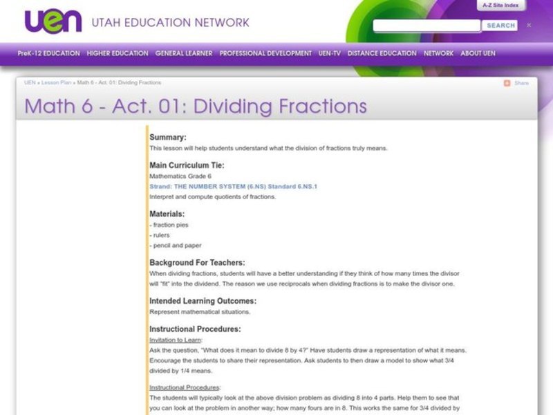 Dividing Fractions Lesson Plan