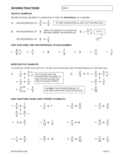Dividing Fractions Worksheet