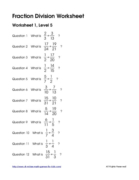 Dividing Fractions Worksheet