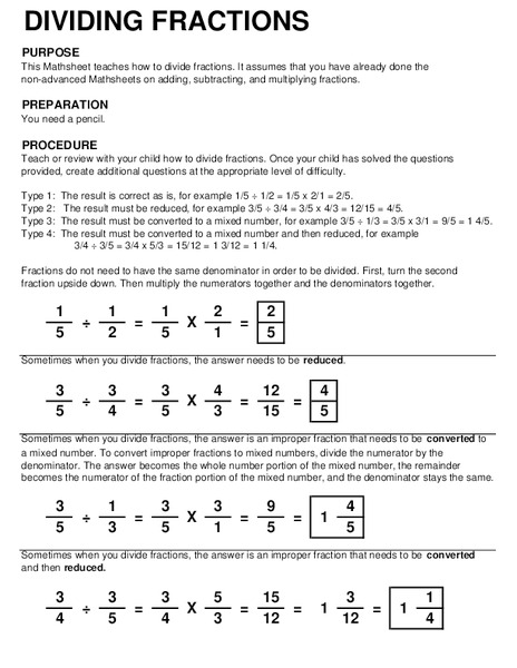Dividing Fractions Worksheet