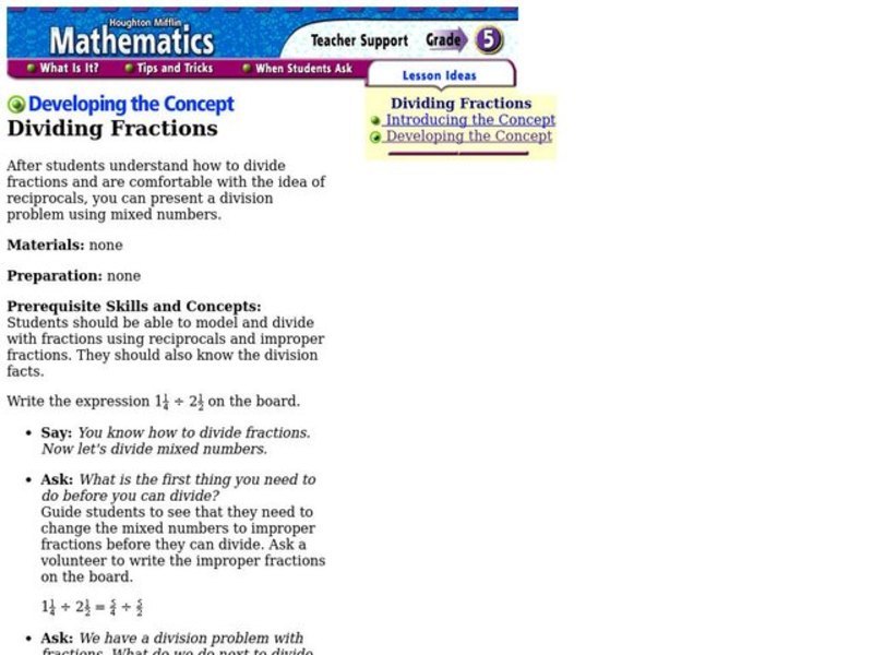 Dividing Fractions and Mixed Numbers Lesson Plan