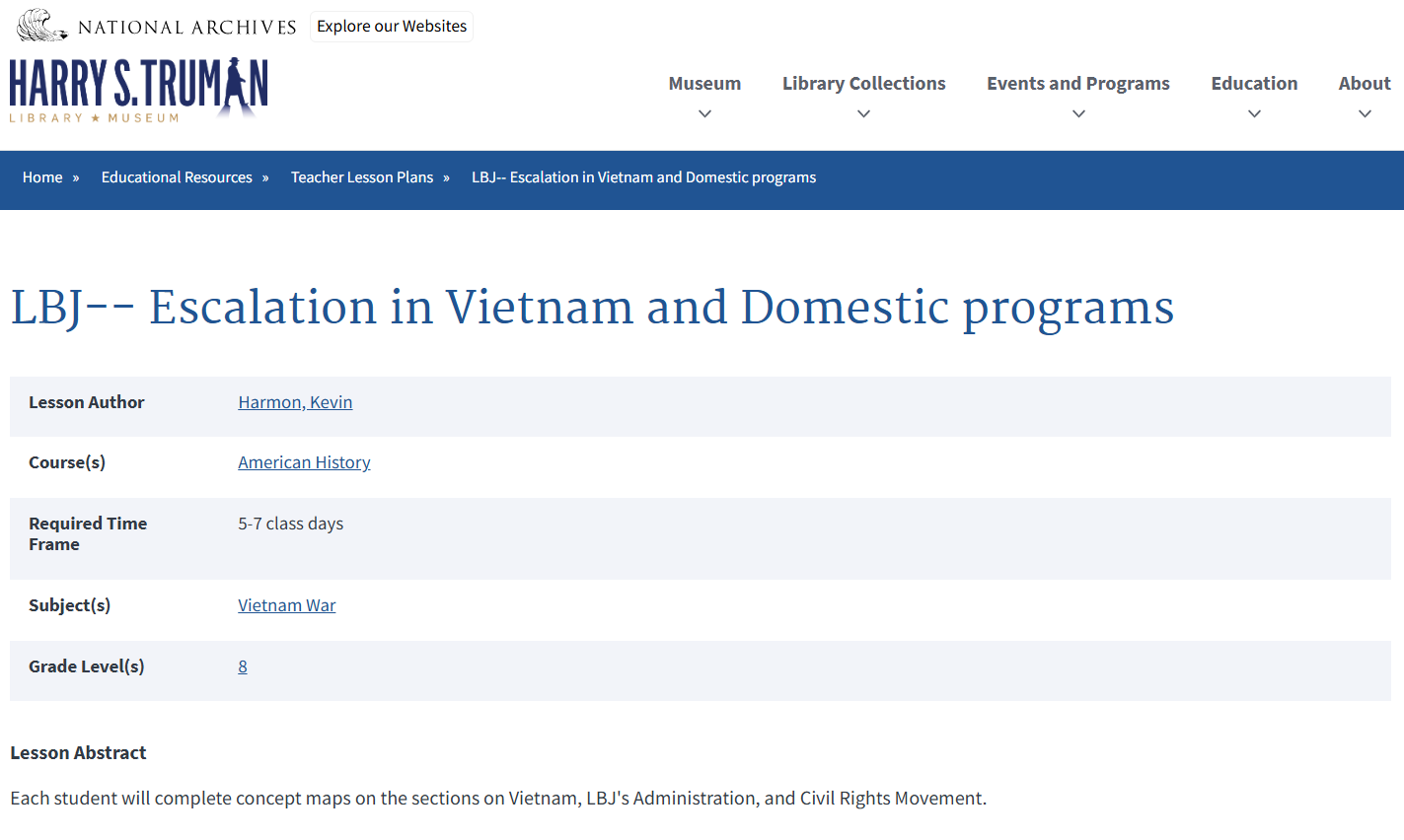 LBJ-- Escalation in Vietnam and Domestic Programs Lesson Plan