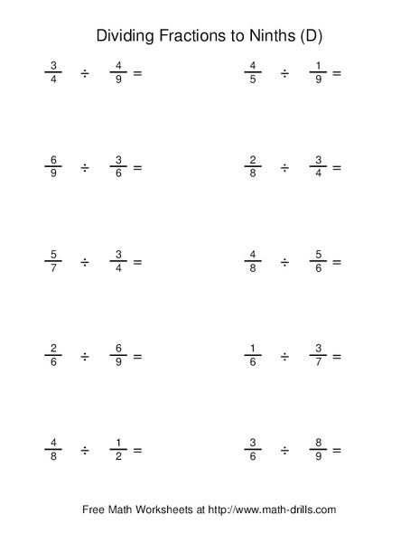 Dividing Fractions to Ninths Worksheet