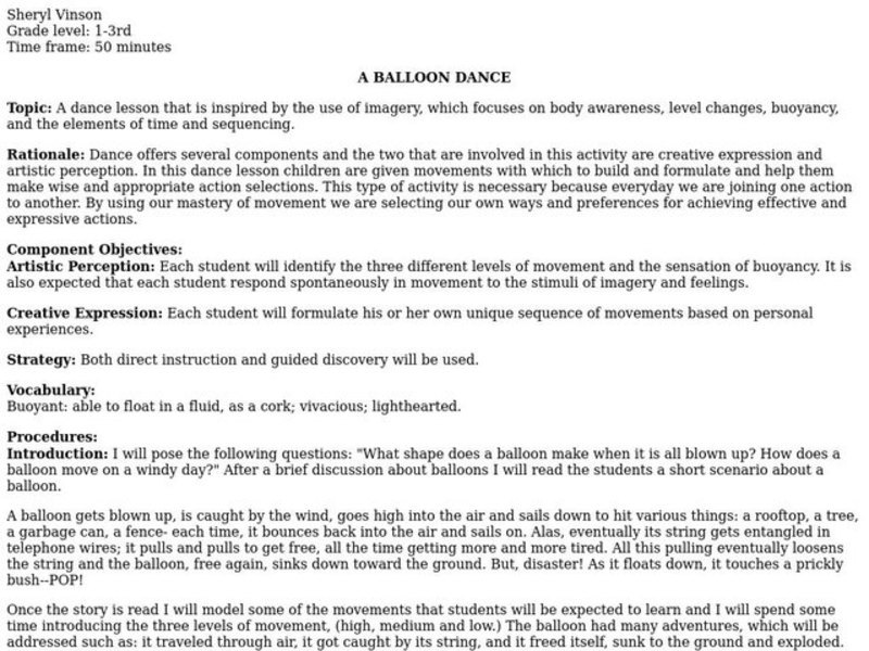 A Balloon Dance Lesson Plan