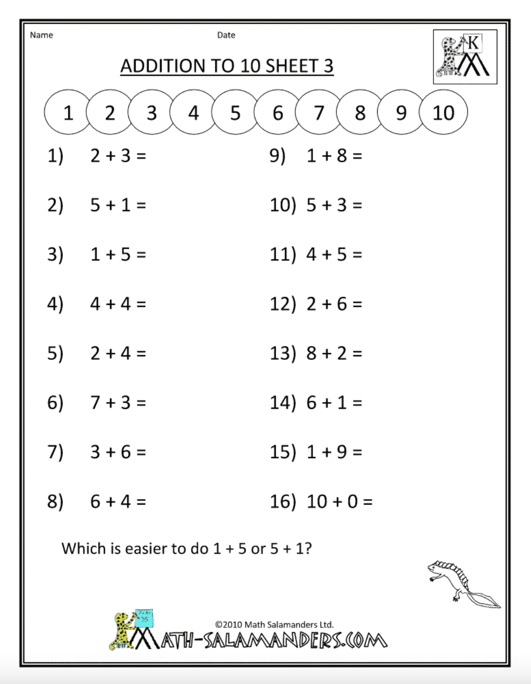 Addition to 10 Sheet 3 Worksheet