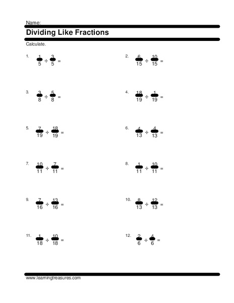 Dividing Like Fractions Worksheet