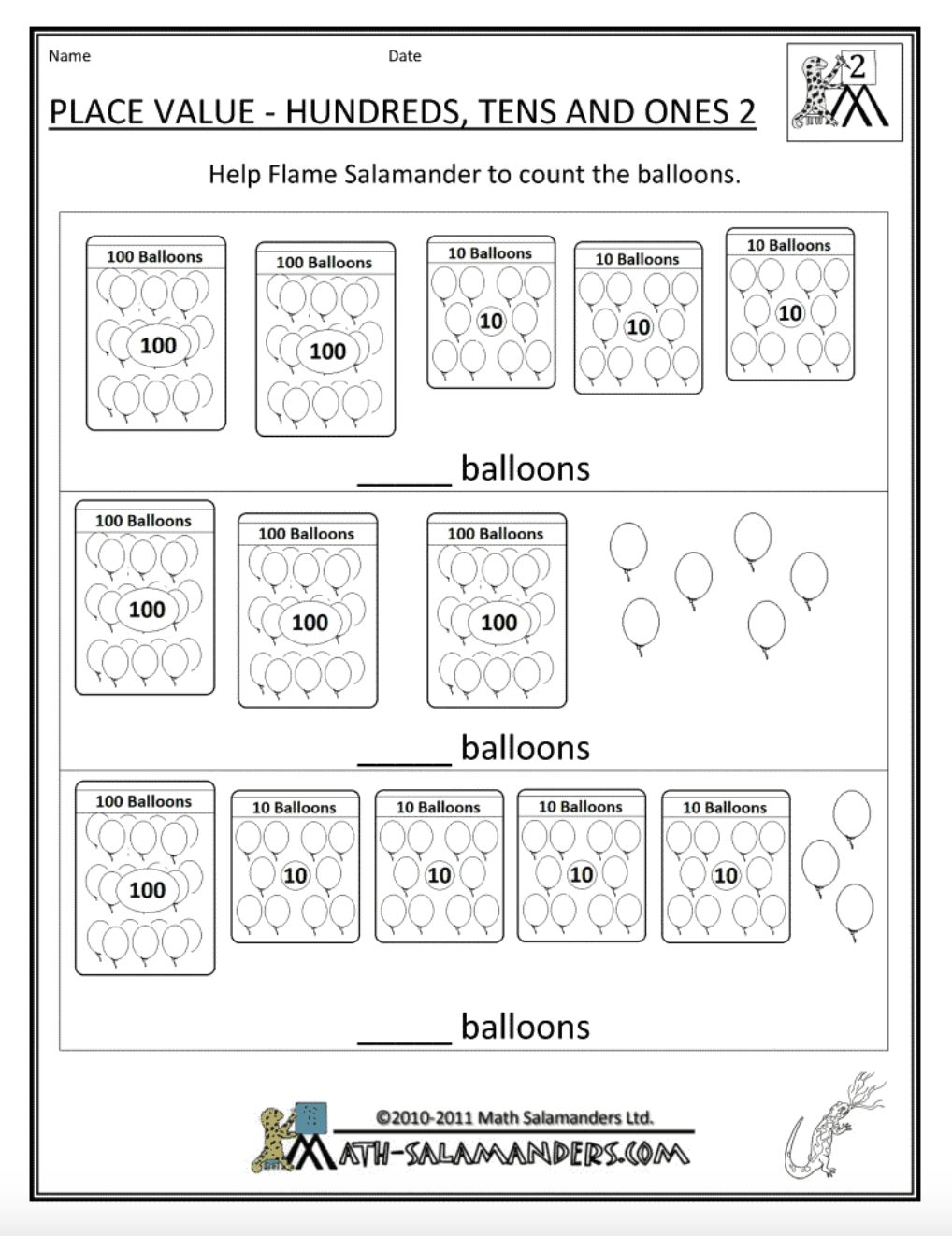 Place Value - Hundreds, Tens, and Ones - Count the Balloons Worksheet
