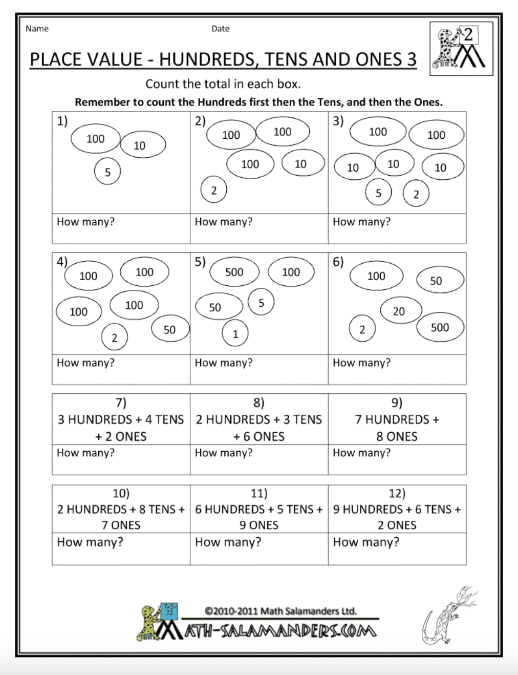Place Value—Hundreds, Tens and Ones 3 Worksheet