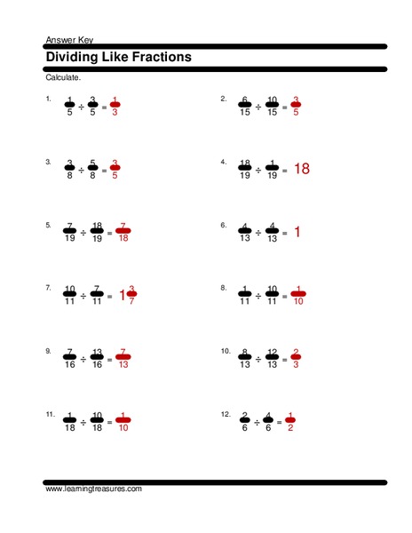 Dividing Like Fractions Worksheet