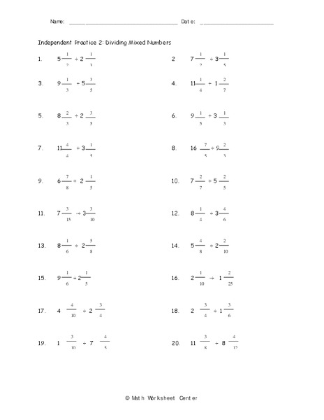 Dividing Mixed Numbers Worksheet