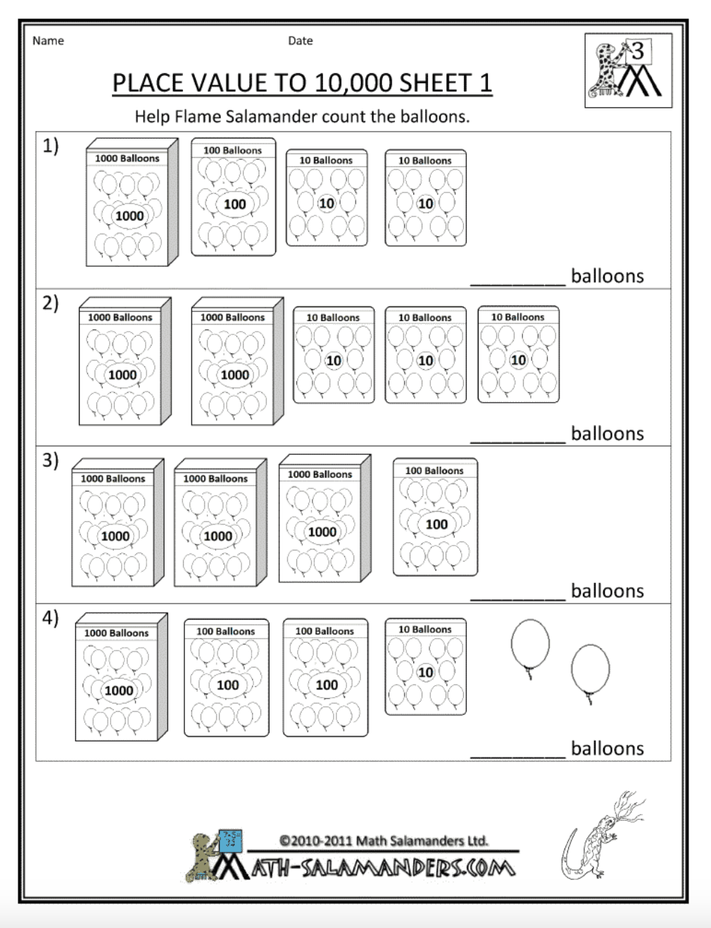 Place Value to 10,000 - Sheet 1 Worksheet