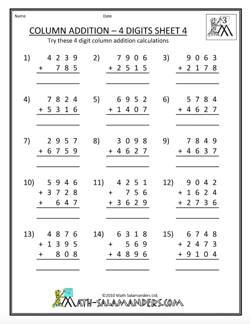 Column Addition - 4 Digits Sheet 4 Worksheet