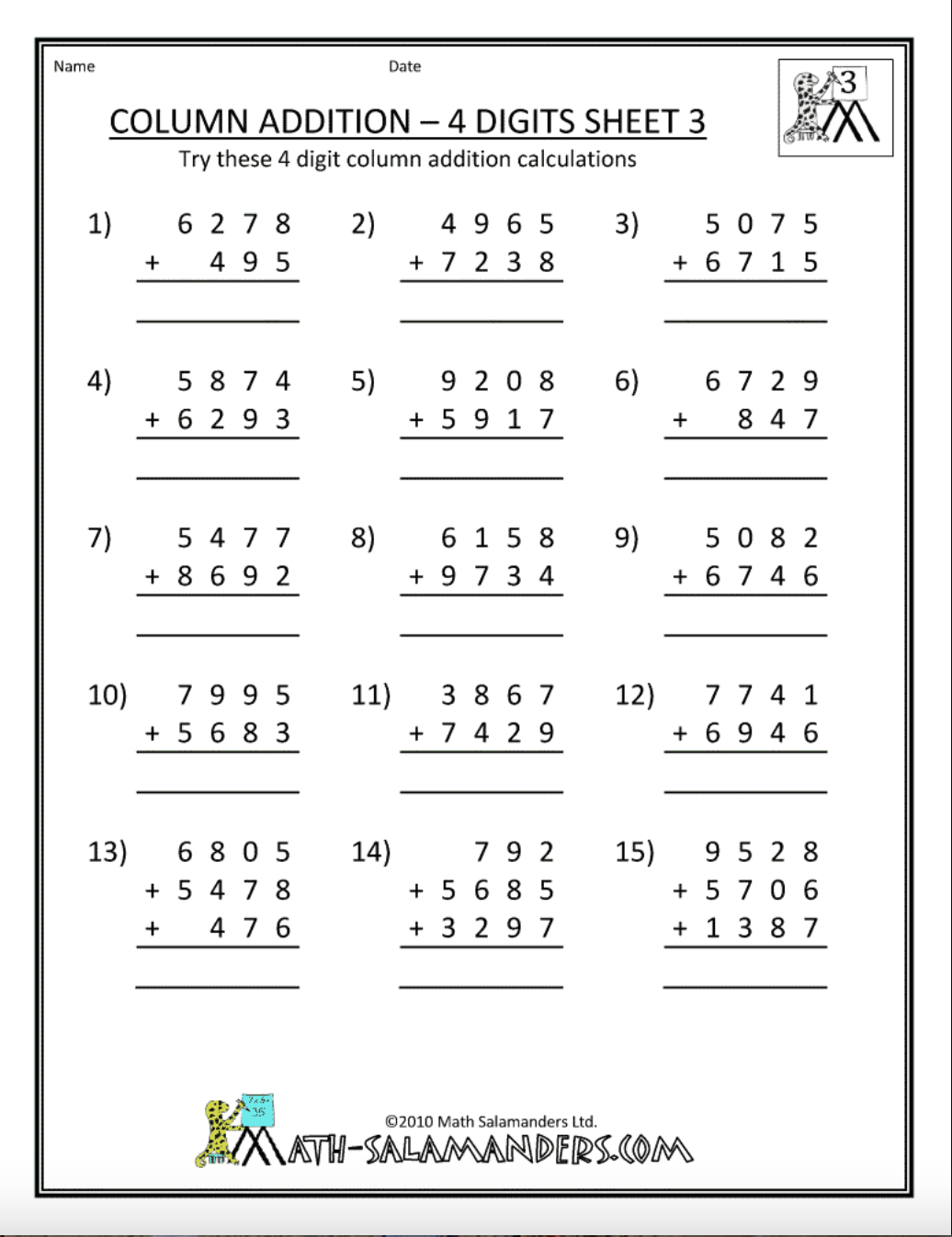 Column Addition-4 Digits Worksheet