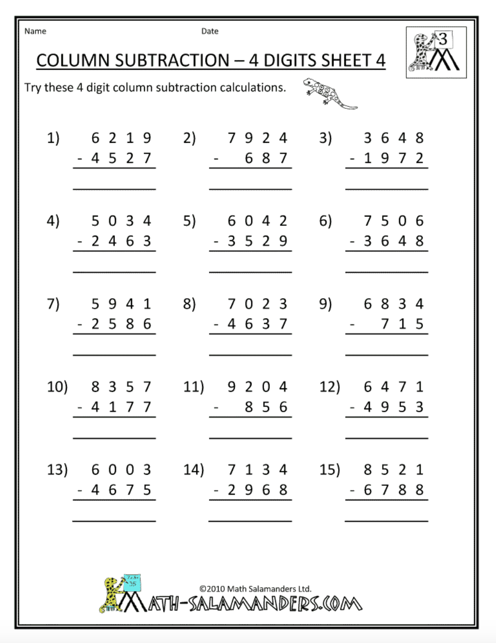Column Subtraction - 4 Digits Sheet 4 Worksheet