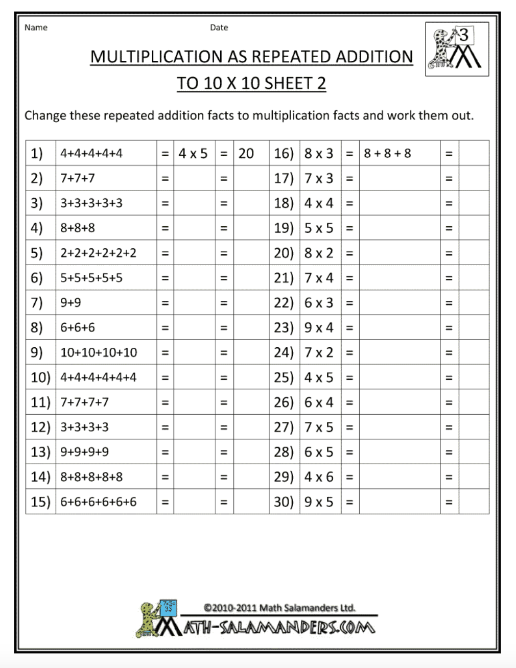 Multiplication as Repeated Addition to 10x10 Worksheet