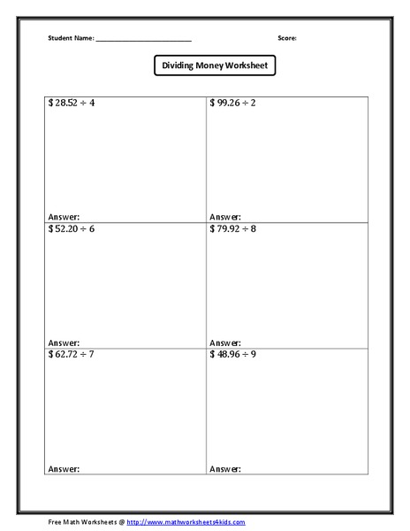 Dividing Money Worksheet