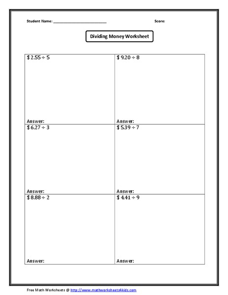 Dividing Money Worksheet