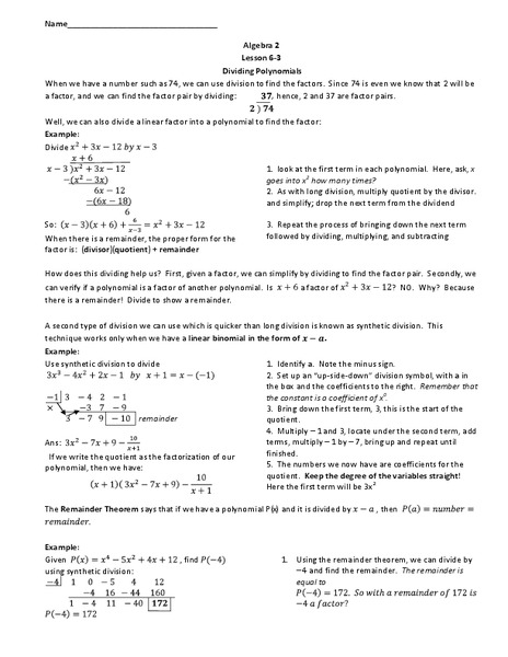 Dividing Polynomials Lesson Plan