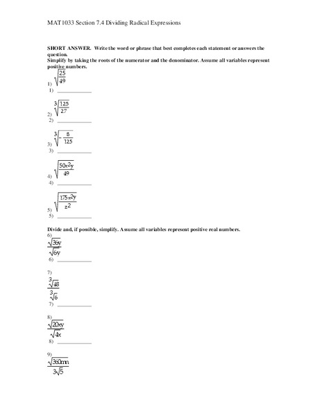 Dividing Radical Expressions Lesson Plan