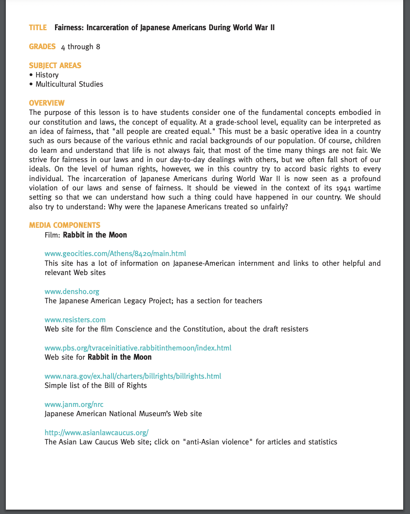 Fairness: Incarceration of Japanese Americans During World War II Lesson Plan