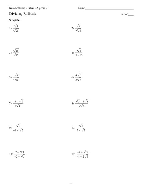 Dividing Radicals Worksheet