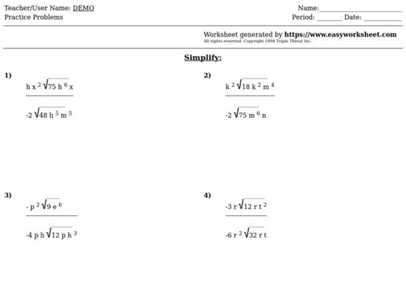 Dividing Radicals Worksheet