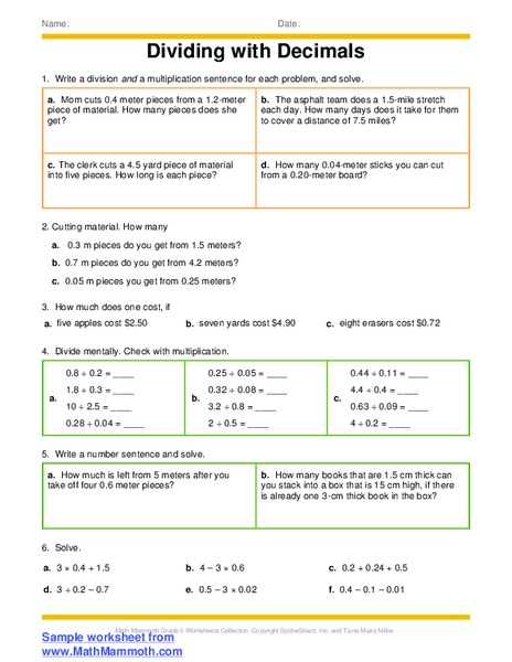 Dividing with Decimals Worksheet