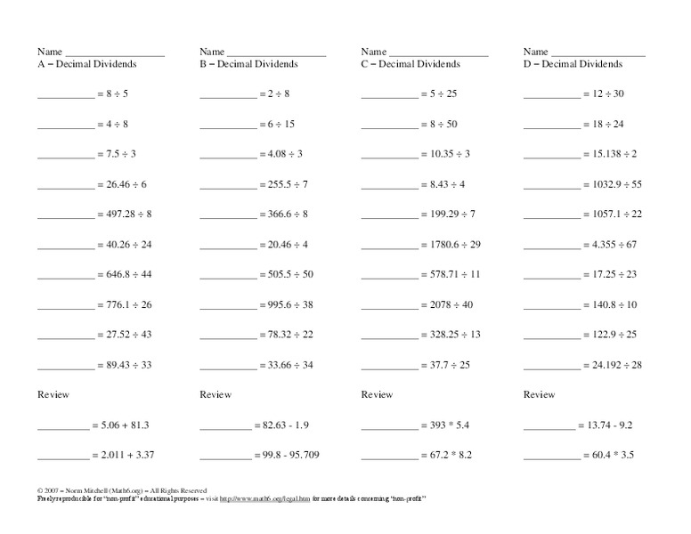 Dividing With Decimals Worksheet