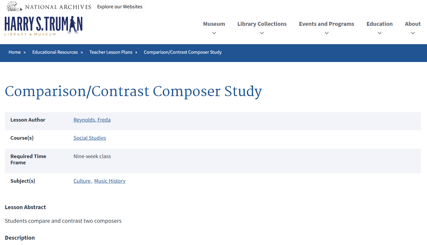 Comparison/Contrast Composer Study Lesson Plan