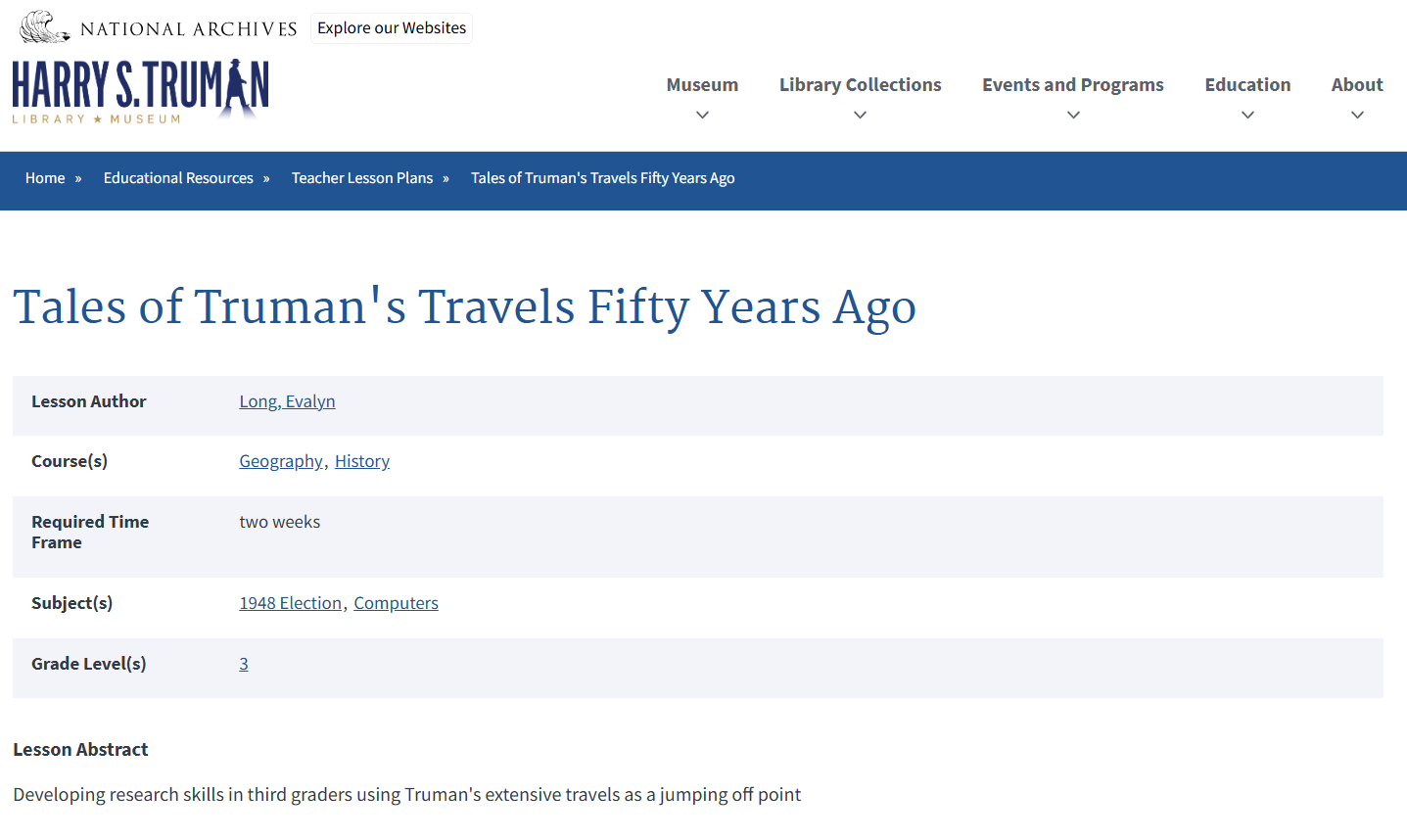 Tales of Truman's Travels Fifty Years Ago Lesson Plan