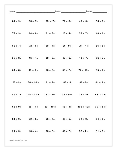 Division Facts Worksheet