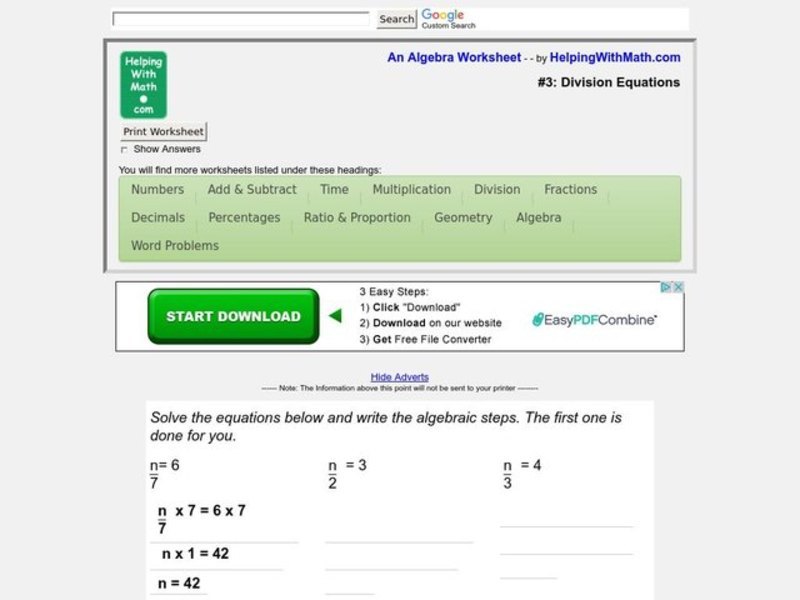 Division Equations Worksheet