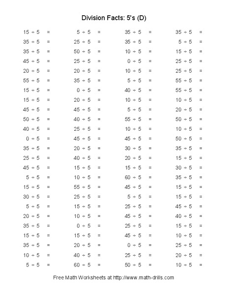 Division Facts: 5's Worksheet