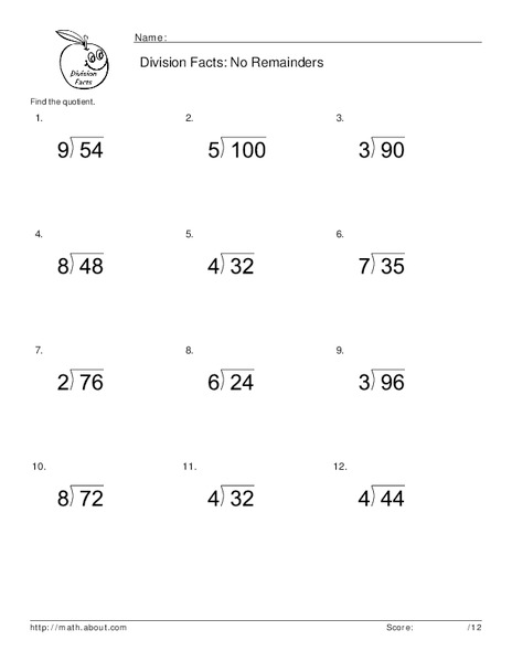 Division Facts: No Remainders Worksheet