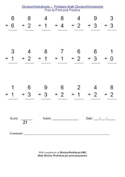 Division Math Problems Worksheet